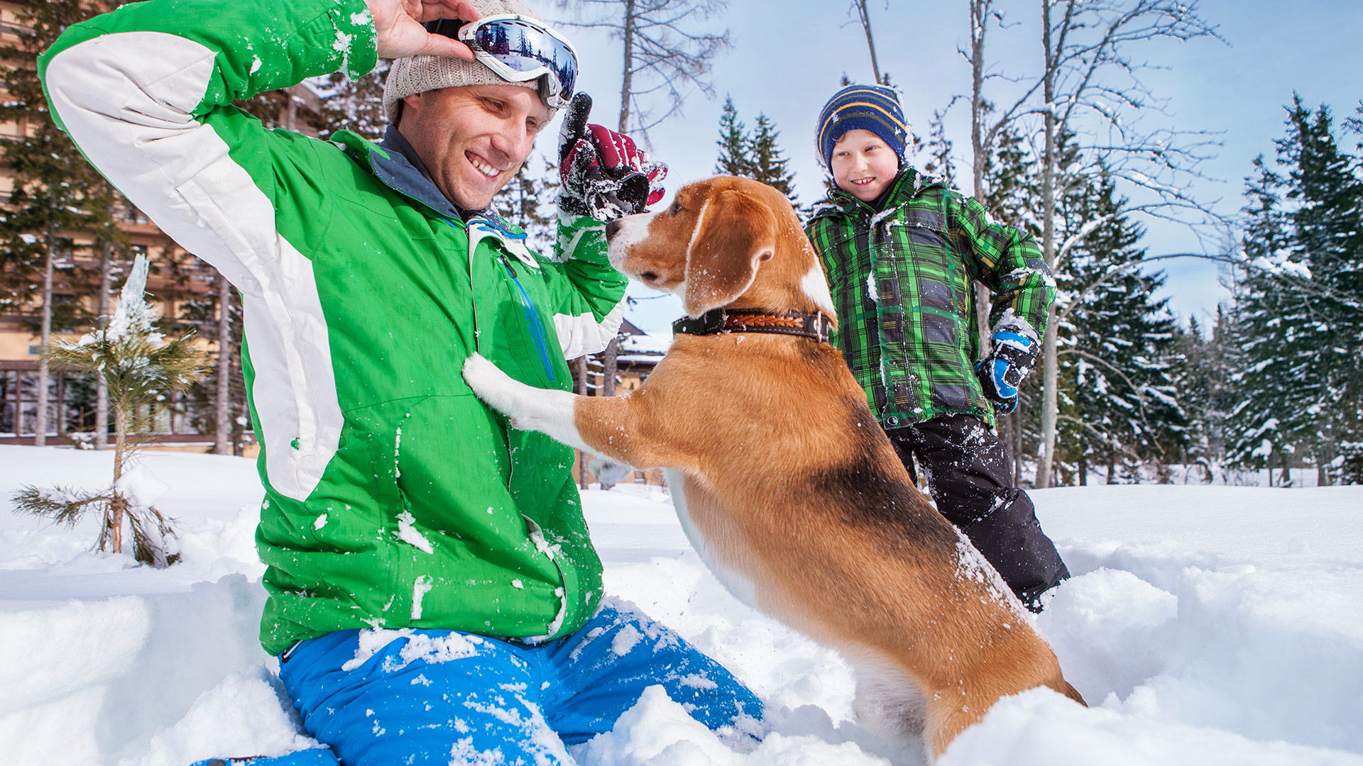 Hund Familie im Schnee